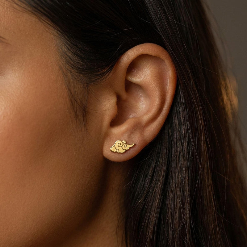 Pair of gold auspicious cloud stud earrings with curled scroll shape (3 of 7)