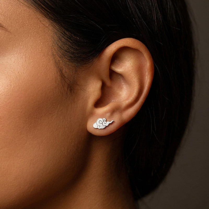 Pair of gold auspicious cloud stud earrings with curled scroll shape (4 of 7)