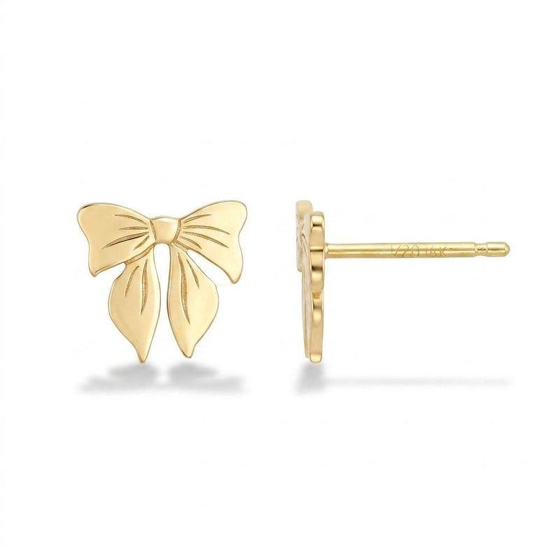 Pair of small ribbon bow stud earrings in gold with two loops and short tails