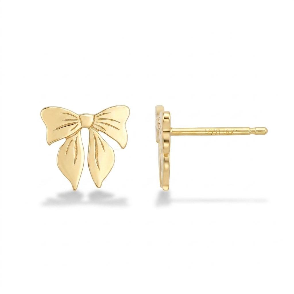 Pair of small ribbon bow stud earrings in gold with two loops and short tails