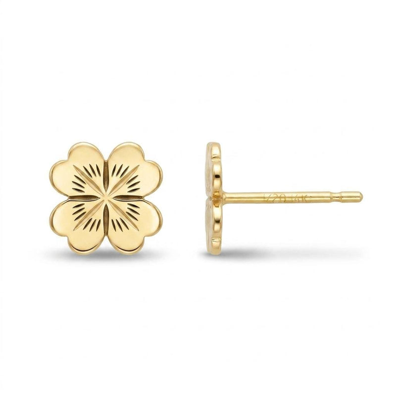 Pair of four leaf clover stud earrings in gold with four rounded leaves and a short stem