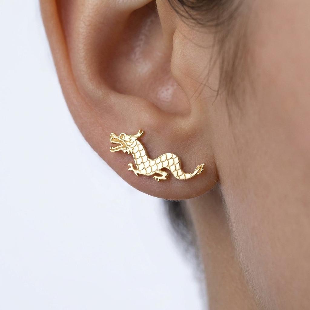 Pair of gold dragon stud earrings with curling serpentine bodies (2 of 10)