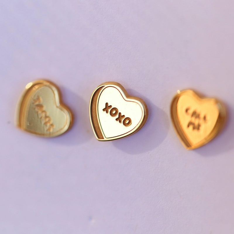 Pair of tiny candy conversation heart stud earrings in polished gold (10 of 15)