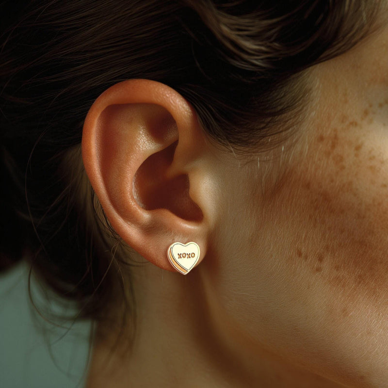 Pair of tiny candy conversation heart stud earrings in polished gold (3 of 15)