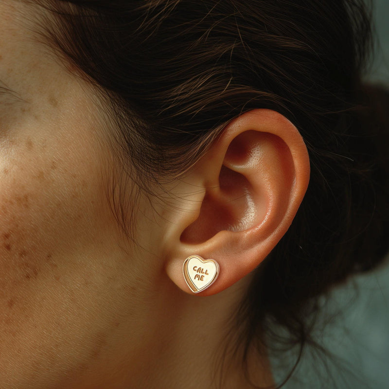 Pair of tiny candy conversation heart stud earrings in polished gold (5 of 15)