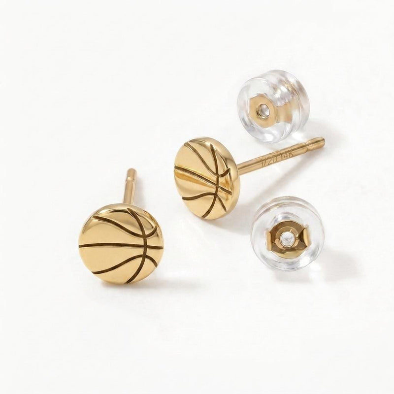 Pair of round gold basketball stud earrings with cut seam lines (4 of 11)