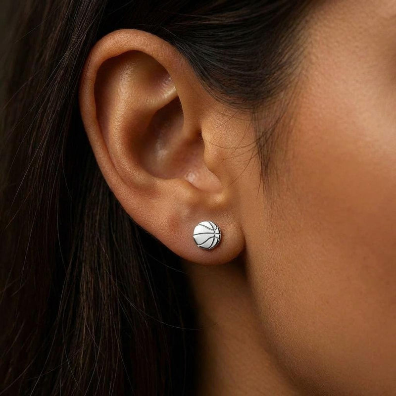 Pair of round gold basketball stud earrings with cut seam lines (5 of 11)