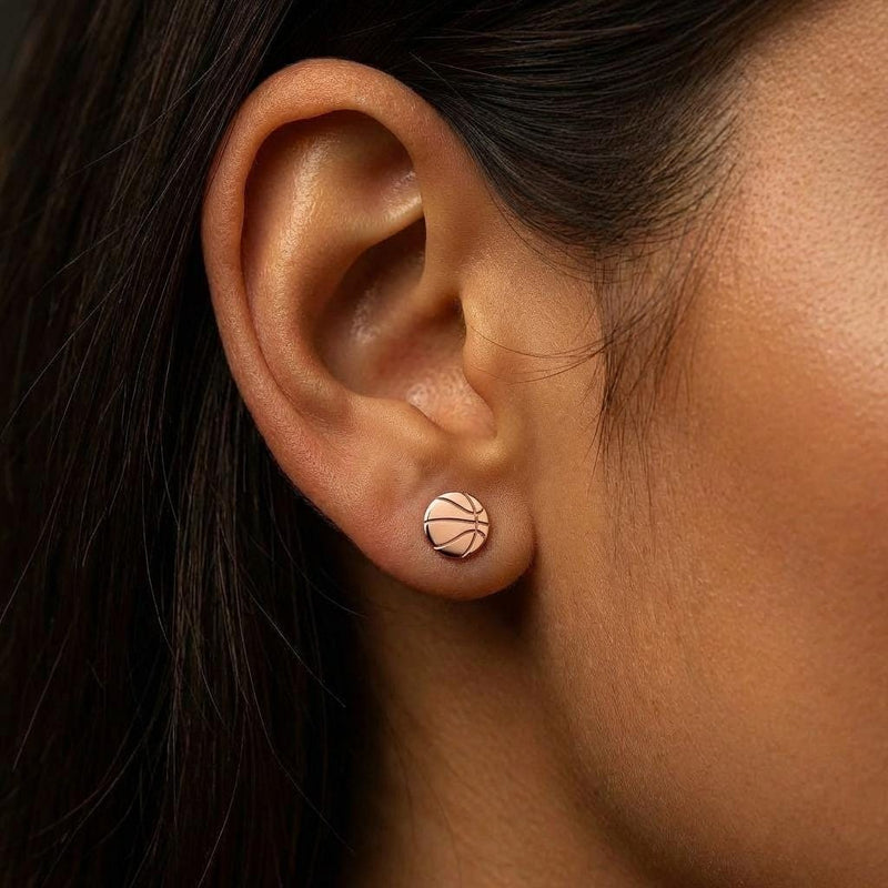 Pair of round gold basketball stud earrings with cut seam lines (6 of 11)