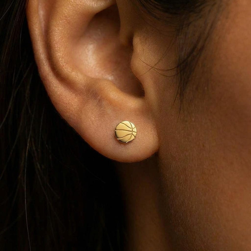 Pair of round gold basketball stud earrings with cut seam lines (7 of 11)
