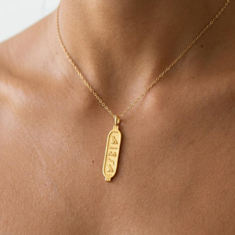 Slim vertical oval cartouche pendant in gold on a fine cable chain (2 of 11)