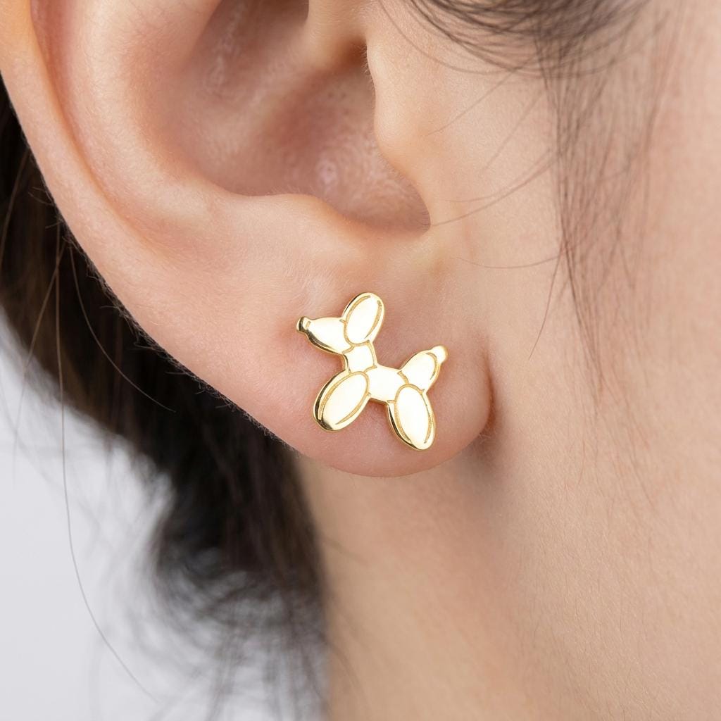 Pair of small balloon dog stud earrings in gold with twisted balloon segments (2 of 7)