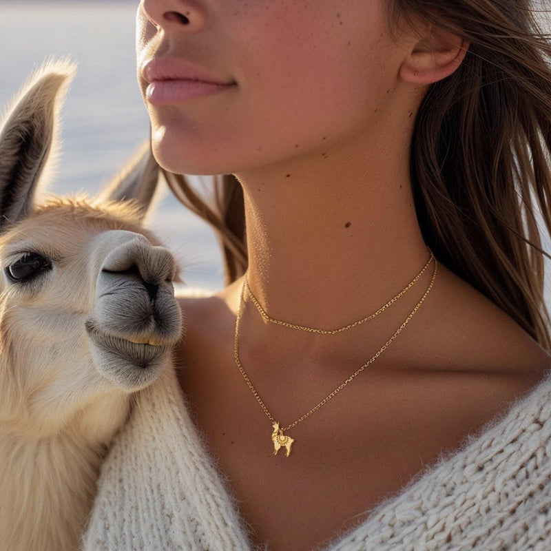 Dainty gold llama pendant with saddle blanket detail on a fine chain (10 of 15)