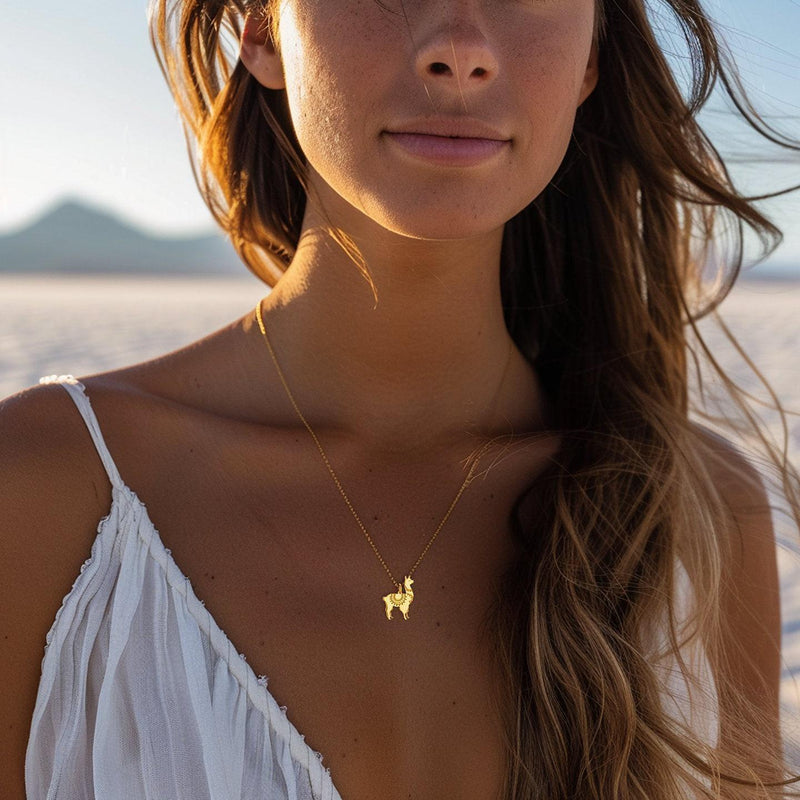Dainty gold llama pendant with saddle blanket detail on a fine chain (13 of 15)
