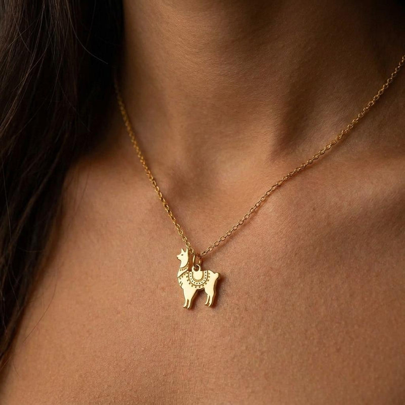 Dainty gold llama pendant with saddle blanket detail on a fine chain (2 of 15)
