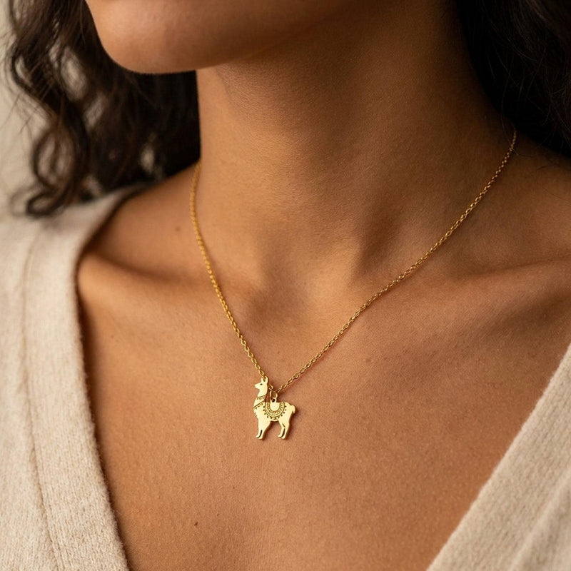 Dainty gold llama pendant with saddle blanket detail on a fine chain (6 of 15)