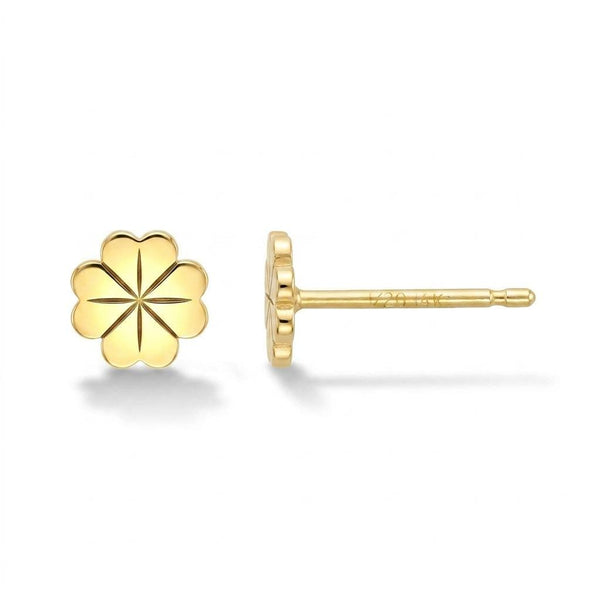Tiny gold four leaf clover stud earrings shown as a pair on a plain background