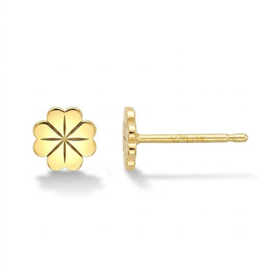 Tiny gold four leaf clover stud earrings shown as a pair on a plain background