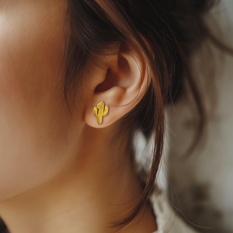 Pair of saguaro cactus stud earrings with two raised arms, in gold (10 of 14)