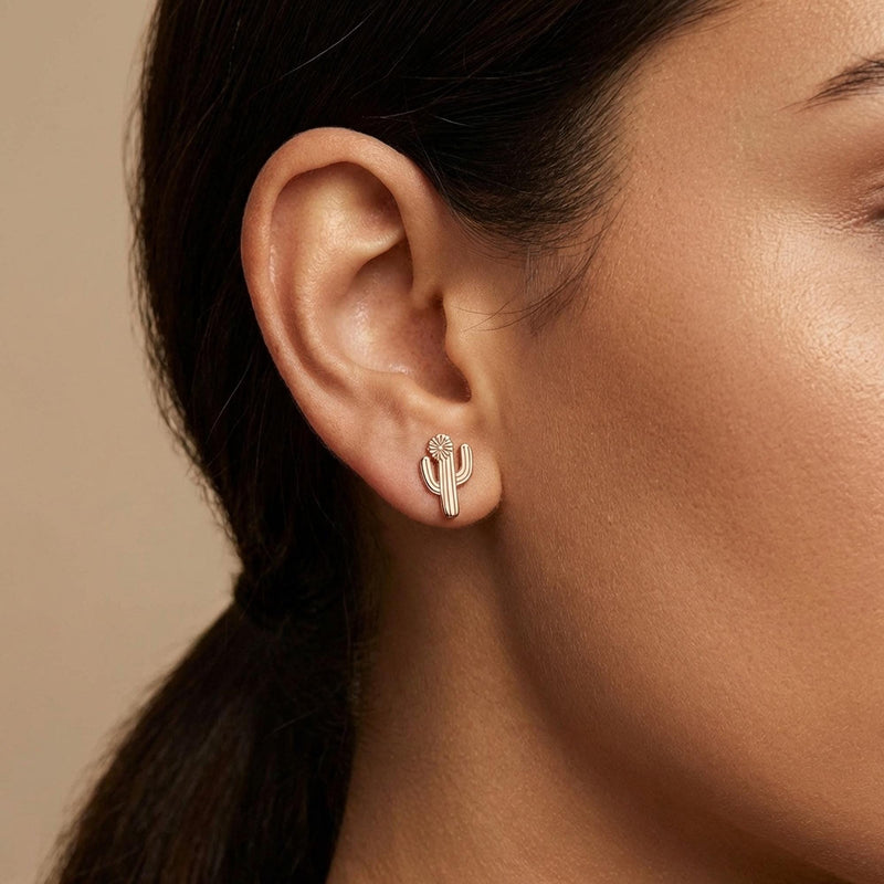 Pair of saguaro cactus stud earrings with two raised arms, in gold (4 of 14)