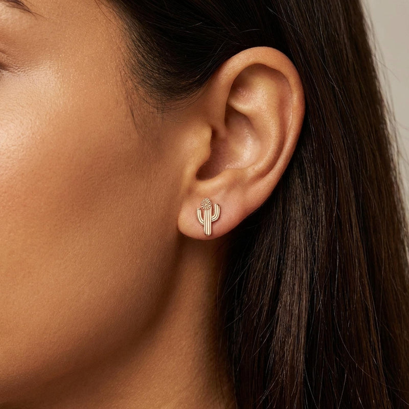 Pair of saguaro cactus stud earrings with two raised arms, in gold (5 of 14)