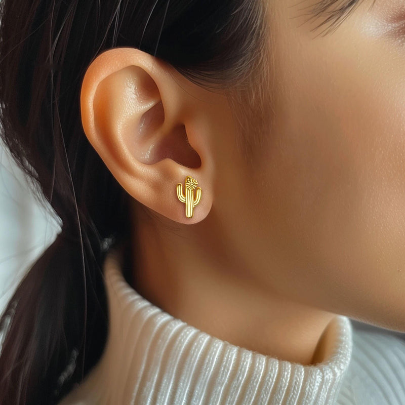Pair of saguaro cactus stud earrings with two raised arms, in gold (8 of 14)