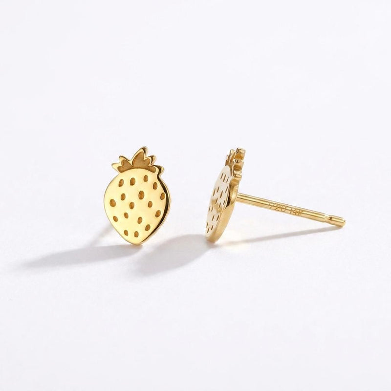Pair of small strawberry stud earrings with two leaves on top