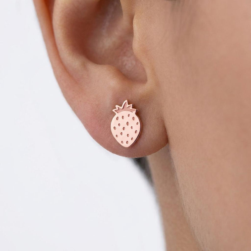 Pair of small strawberry stud earrings with two leaves on top (2 of 9)