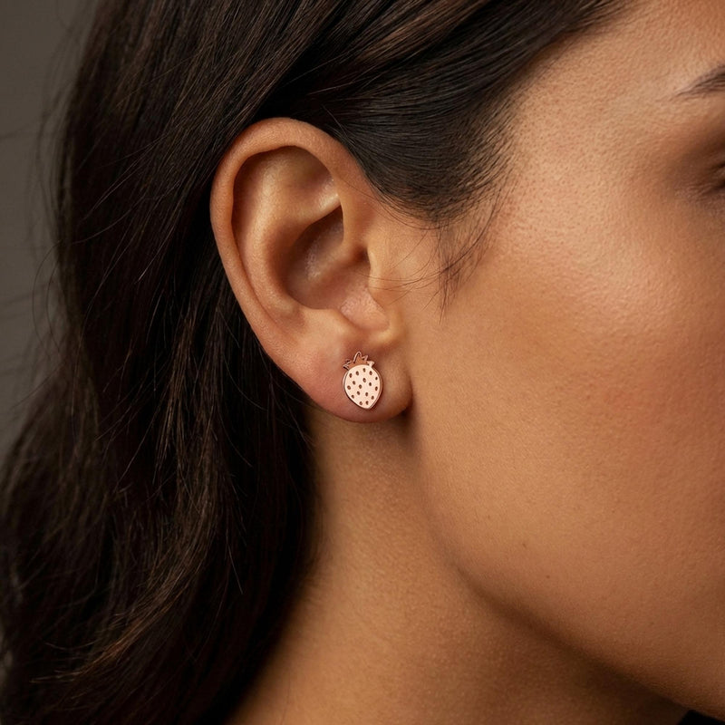 Pair of small strawberry stud earrings with two leaves on top (3 of 9)