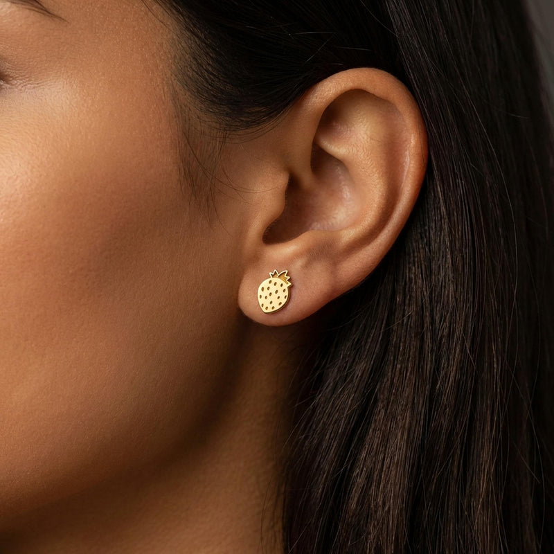 Pair of small strawberry stud earrings with two leaves on top (4 of 9)