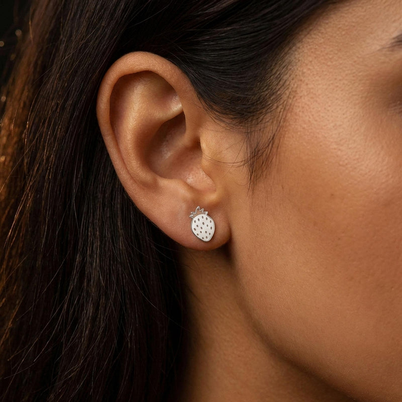 Pair of small strawberry stud earrings with two leaves on top (5 of 9)