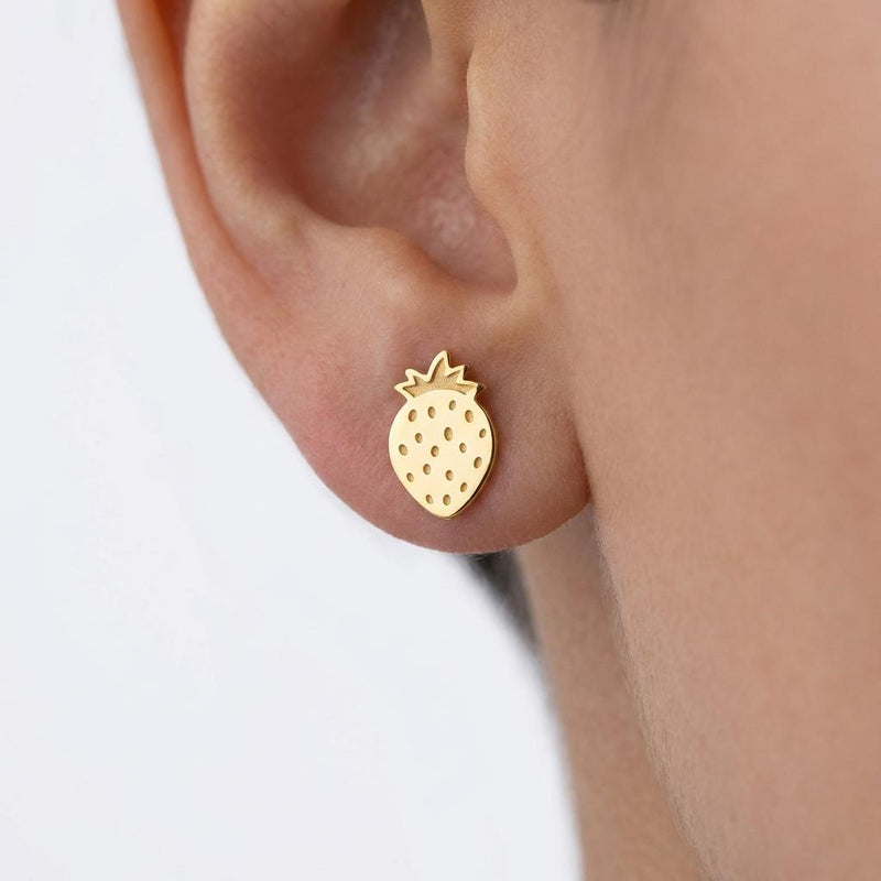 Pair of small strawberry stud earrings with two leaves on top (6 of 9)
