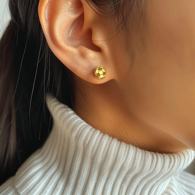 Pair of tiny round gold soccer ball stud earrings with cut in panels (4 of 9)
