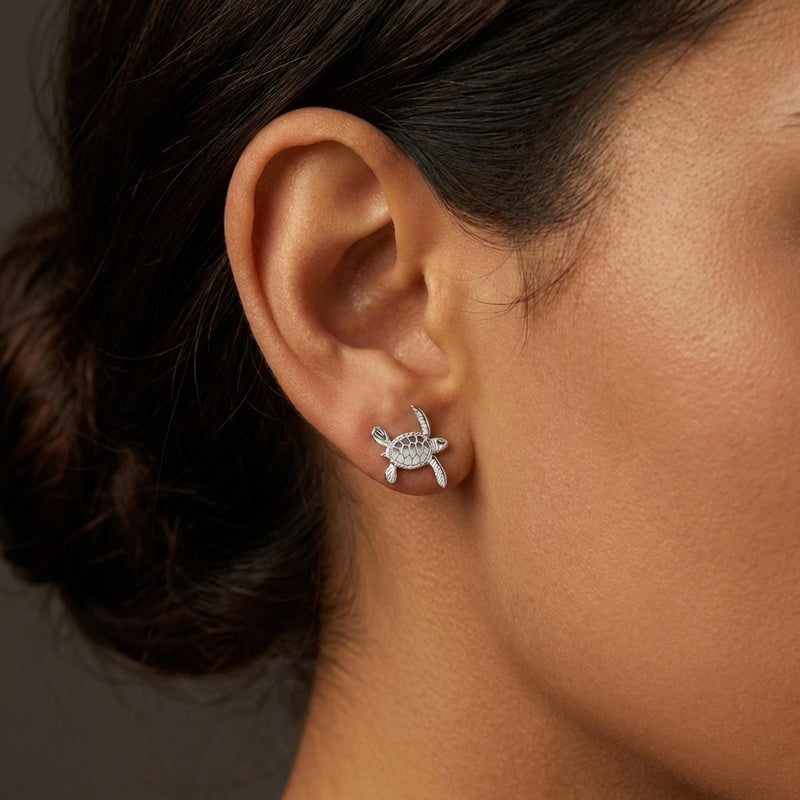 Pair of small turtle stud earrings in gold seen from above with a patterned shell (5 of 9)