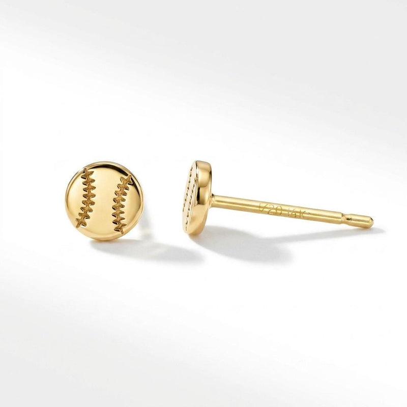 Pair of tiny round gold baseball stud earrings with curved stitch lines (4 of 10)