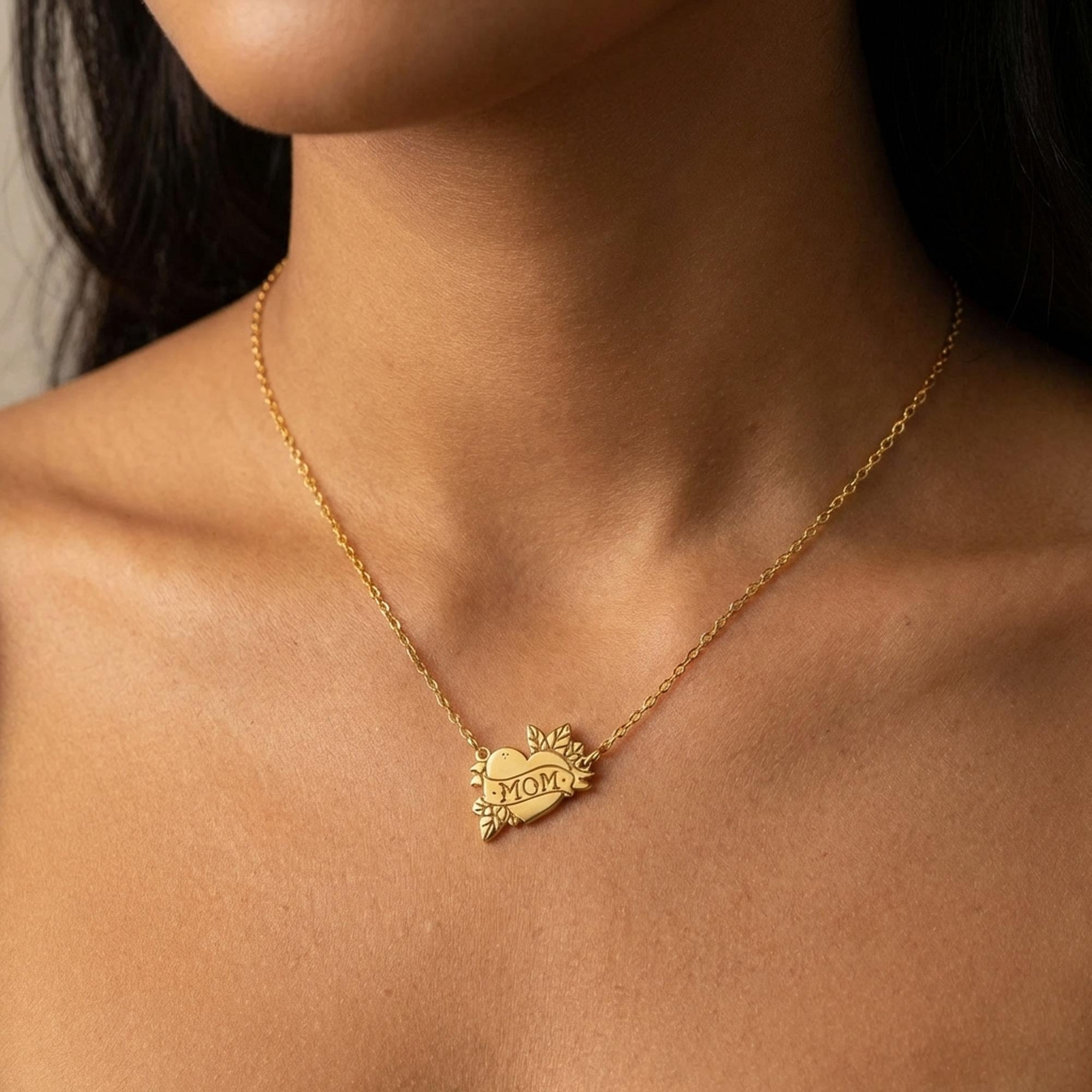 Tattoo style heart pendant with a banner on a thin gold chain (2 of 9)