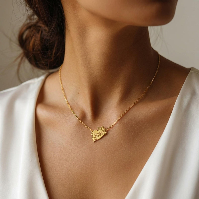 Tattoo style heart pendant with a banner on a thin gold chain (3 of 9)