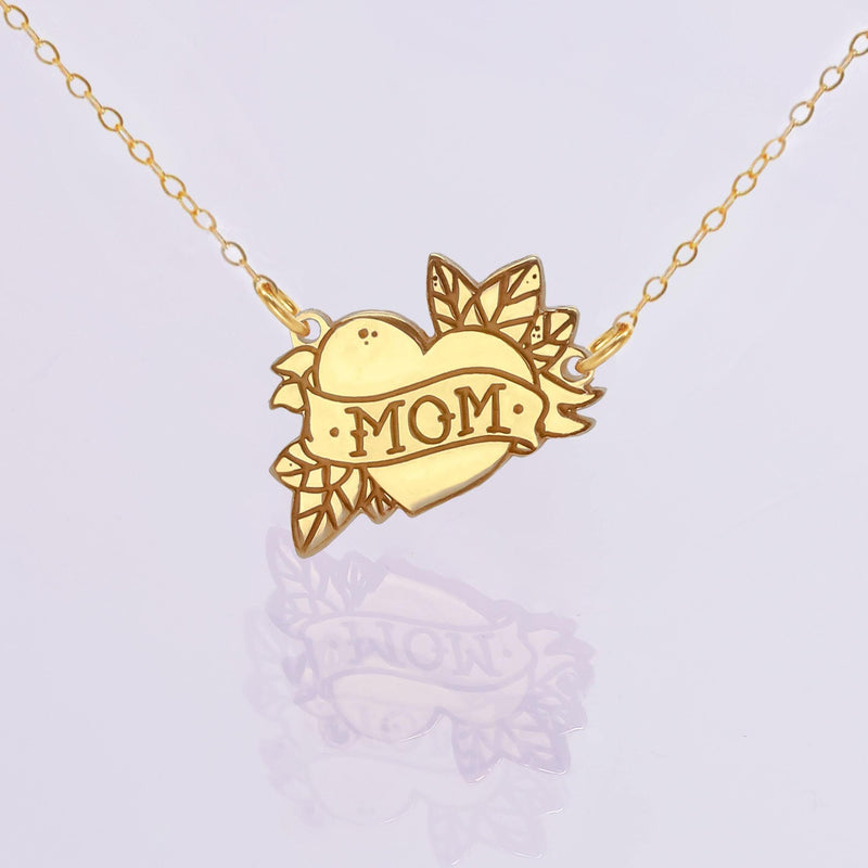 Tattoo style heart pendant with a banner on a thin gold chain (5 of 9)