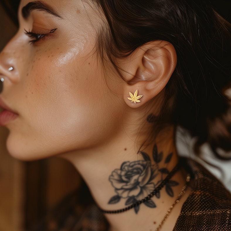 Pair of small gold marijuana leaf stud earrings with seven points (11 of 12)