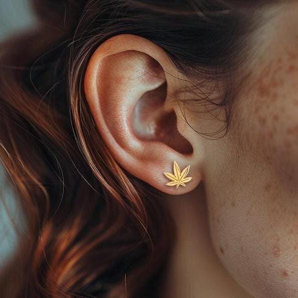 Pair of small gold marijuana leaf stud earrings with seven points (12 of 12)