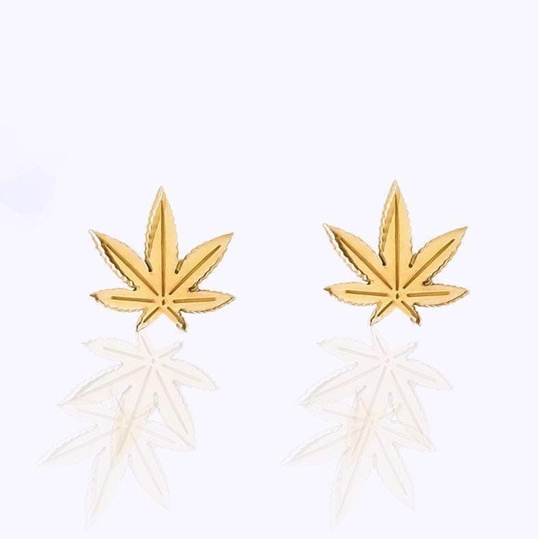 Pair of small gold marijuana leaf stud earrings with seven points