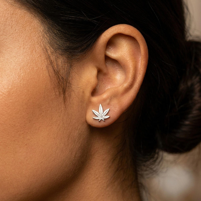 Pair of small gold marijuana leaf stud earrings with seven points (4 of 12)