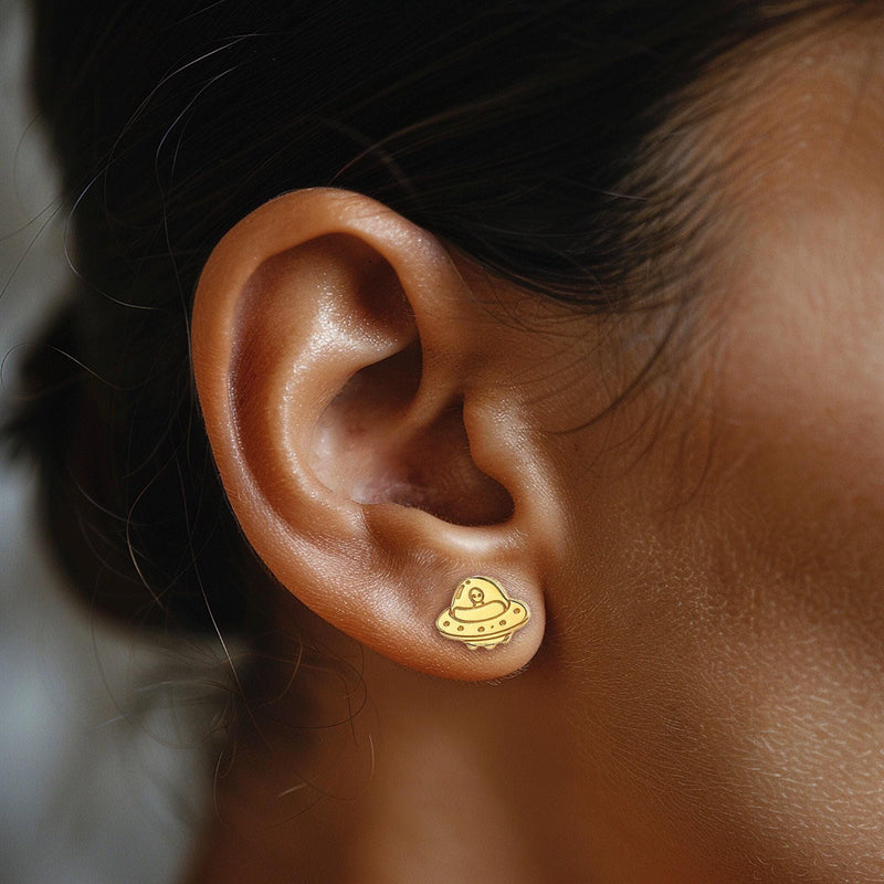 Pair of small alien and flying saucer stud earrings in gold (10 of 11)