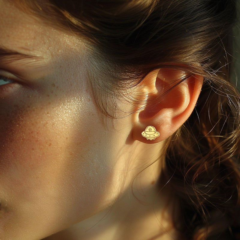 Pair of small alien and flying saucer stud earrings in gold (11 of 11)