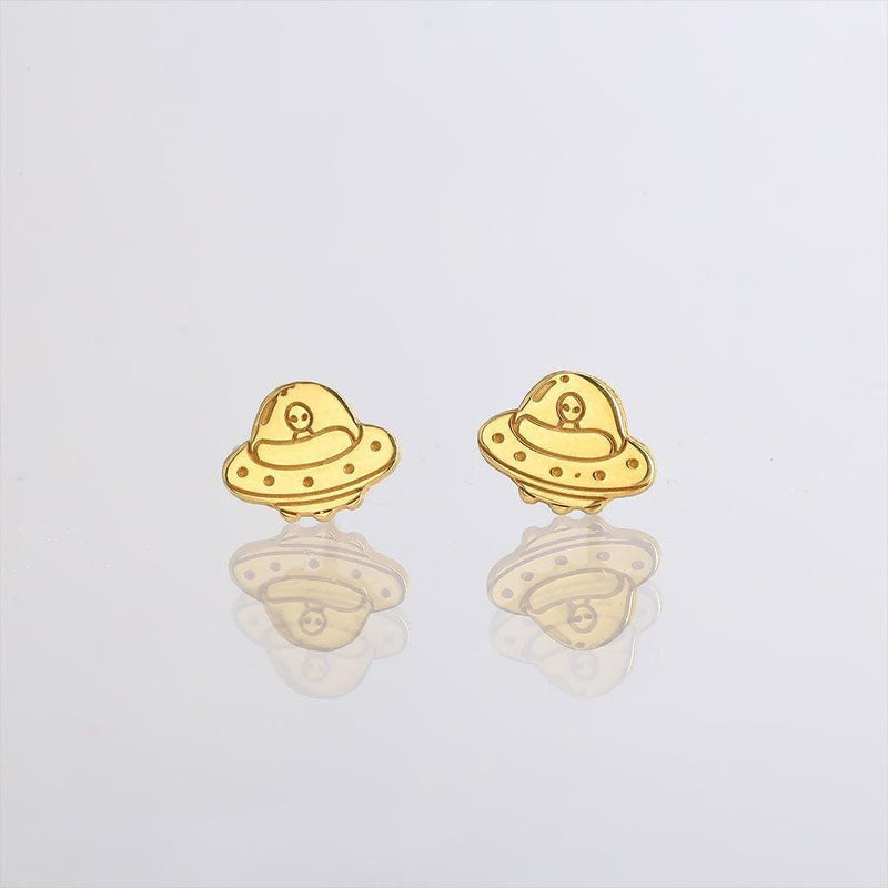 Pair of small alien and flying saucer stud earrings in gold (6 of 11)