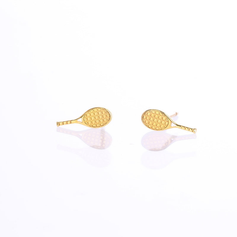 Pair of slim gold tennis racquet stud earrings with strung frames
