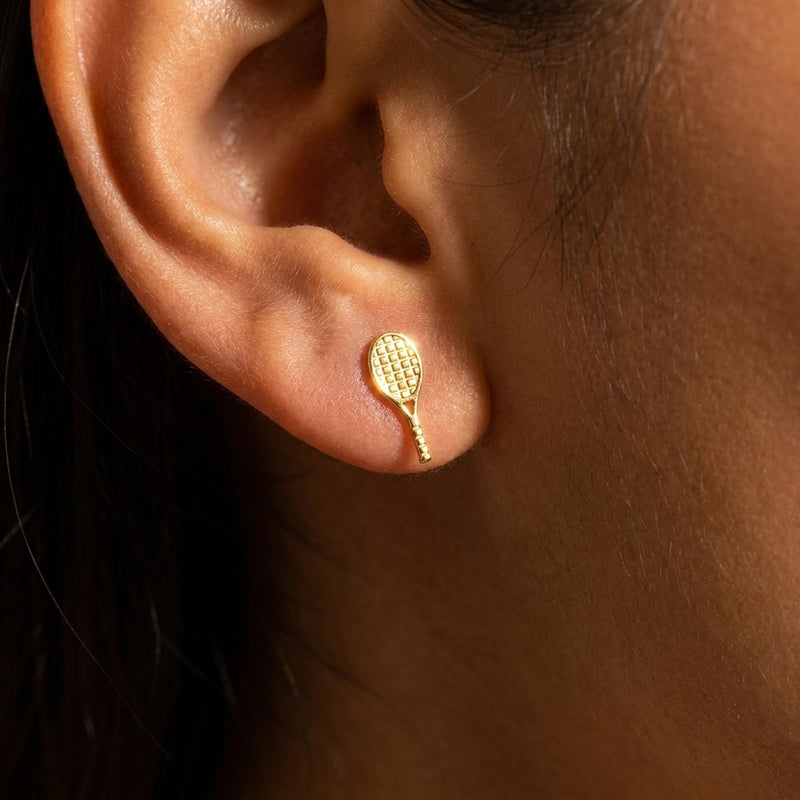 Pair of slim gold tennis racquet stud earrings with strung frames (3 of 14)