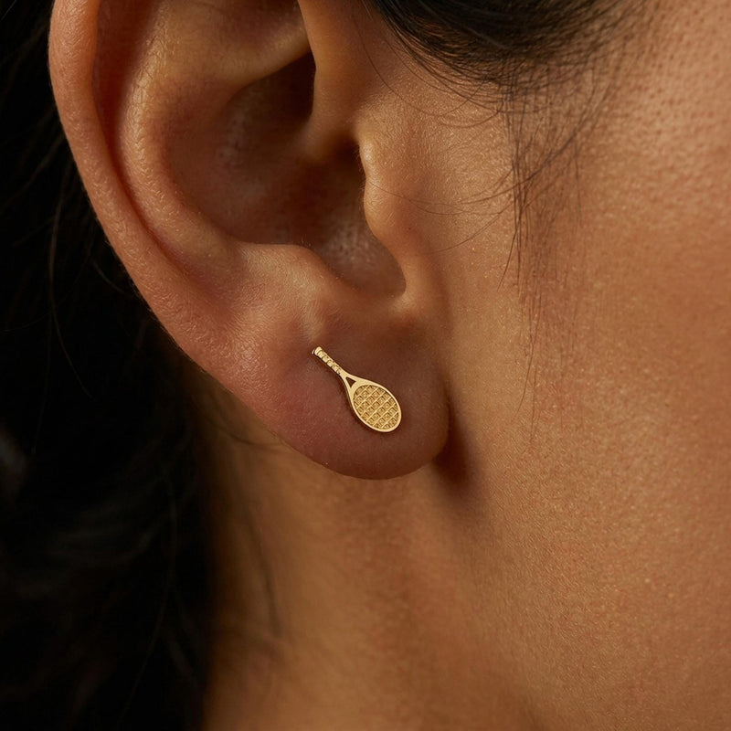 Pair of slim gold tennis racquet stud earrings with strung frames (4 of 14)