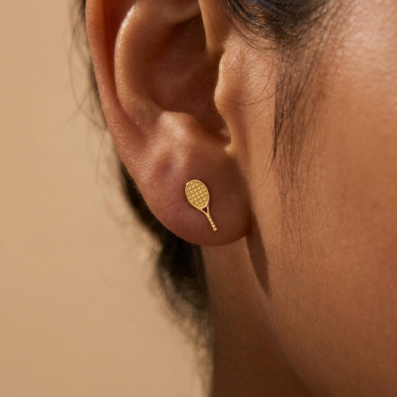 Pair of slim gold tennis racquet stud earrings with strung frames (5 of 14)
