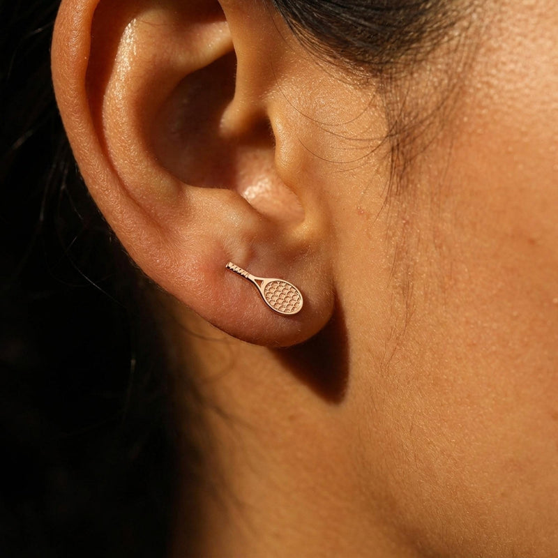 Pair of slim gold tennis racquet stud earrings with strung frames (6 of 14)