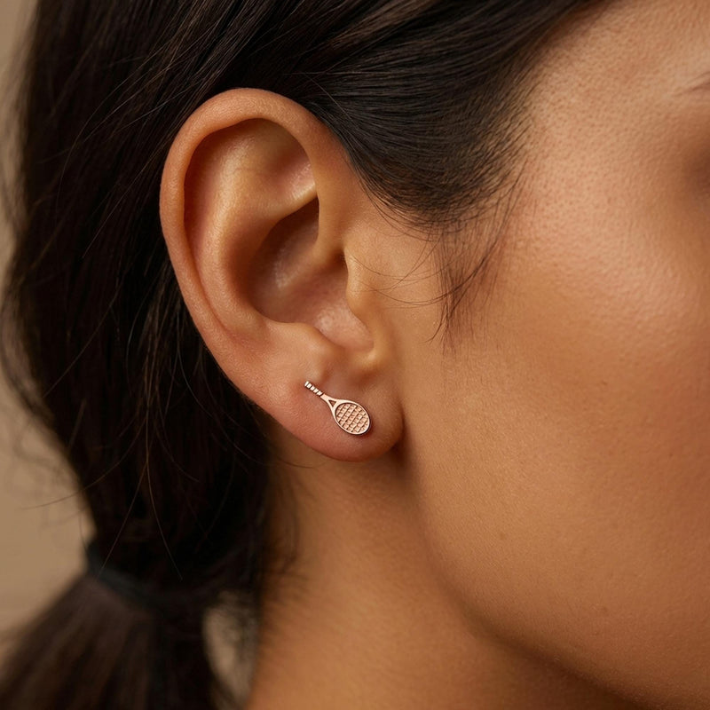 Pair of slim gold tennis racquet stud earrings with strung frames (7 of 14)